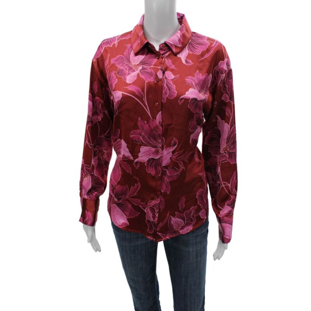 Bailey 44 Womens Red Floral Collared Long Sleeve Blouse Polyester Size M
